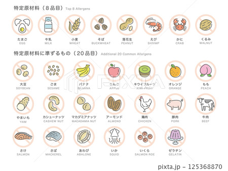 食品アレルゲン表示アイコンセット_28品目_カラー＋禁止マーク（日本語＋英語） 125368870