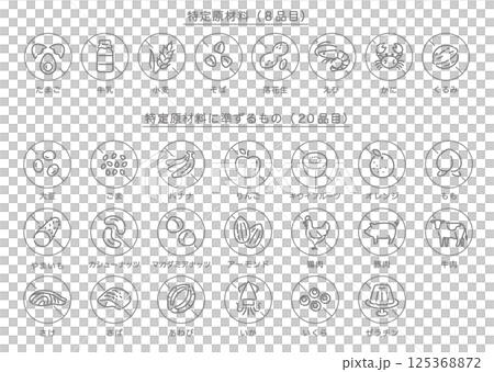 食品アレルゲン表示アイコンセット_28品目_グレースケール＋禁止マーク（日本語） 125368872
