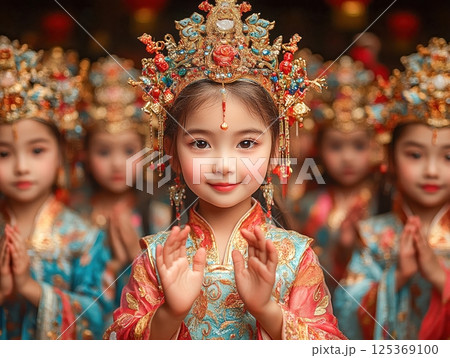 Children dressed in vibrant traditional Chinese attire celebrate the New Year with joy and unity, embracing cultural heritage, colorful festivities, and timeless customs that bring families together. 125369100