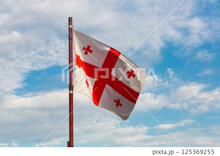 Flag of Georgia waving on cloudy sky 125369255