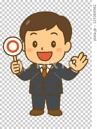 一位微笑的男老師舉著紅色圓圈標誌並做出「OK」手勢 一位微笑的男老師舉著紅色圓圈標誌並做出「OK」手勢 125369362