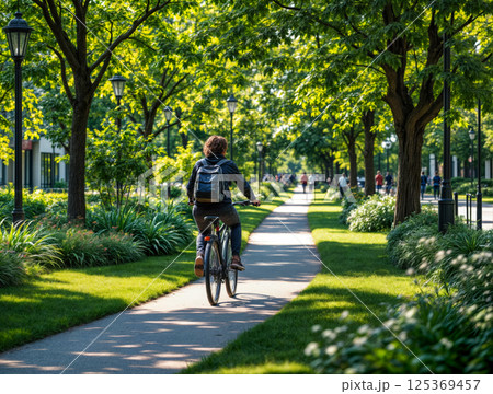 A cyclist rides along road for cyclists laid in urban modern environment, concept of comfortable and accessible urban environment, ecology and development and sustainable inclusive social environment A cyclist rides along road for cyclists laid in urban modern environment, concept of comfortable and accessible urban environment, ecology and development and sustainable inclusive social environment 125369457