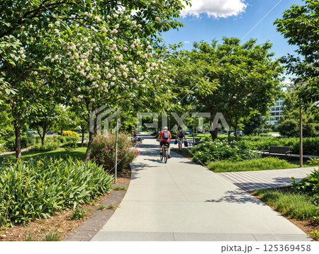 Beautiful modern park with paths for cyclists and pedestrians, comfortable and accessible urban environment, space for concept of ecology and development and sustainable inclusive social environment 125369458