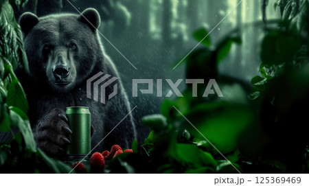 Bear with a can of cold fizzy wild berry drink against a background, a combination of wild nature and modern fizzy drink production technologies, copy space for a drink ad in the summer heat 125369469