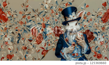 Easter banner with white bunny in vintage Victorian costume holding Easter decorated egg, floral decorated Art Nouveau botanical background with copy space for greeting 125369660