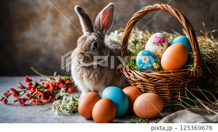 Rabbit surrounded by painted Easter eggs, joy of spring children's party, bright colors and cheerful atmosphere of spring, concept for festive Easter designs and greetings Rabbit surrounded by painted Easter eggs, joy of spring children's party, bright colors and cheerful atmosphere of spring, concept for festive Easter designs and greetings 125369676