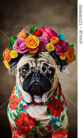 Vertical portrait of a pug in a hat made of blooming roses, cute domestic pet on a neutral studio background, concept of care and grooming for domestic dogs 125369680