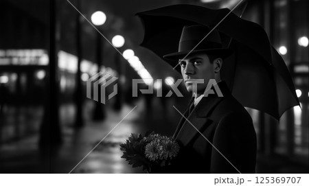 lonely man with umbrella flowers stands rainy street, noir style black white vintage noise, loneliness is reflected gray palette deep shadows, loneliness as visual metaphor for anticipation longing lonely man with umbrella flowers stands rainy street, noir style black white vintage noise, loneliness is reflected gray palette deep shadows, loneliness as visual metaphor for anticipation longing 125369707