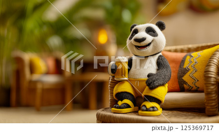 Giant panda made of woven felt in tracksuit resting after workout and drinking non-alcoholic craft beer to restore balance, copy space motivation for sports and healthy lifestyle 125369717