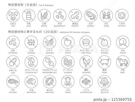 食品アレルゲン表示アイコンセット_28品目_グレースケール＋禁止マーク（日本語＋英語） 125369758