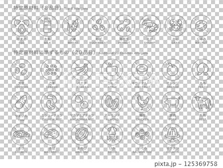 食品アレルゲン表示アイコンセット_28品目_グレースケール＋禁止マーク（日本語＋英語） 125369758