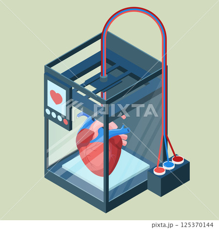 Creating artificial heart on three dimensional printer vector illustration 125370144