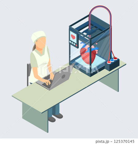 Doctor creating artificial human heart on 3D printer in laboratory Doctor creating artificial human heart on 3D printer in laboratory 125370145