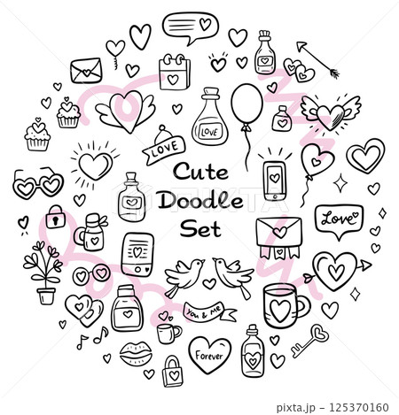 Love romantic simple doodle illustration for design. Wedding elements, hearts, romantic icons. Valentine's day. Love clipart 125370160