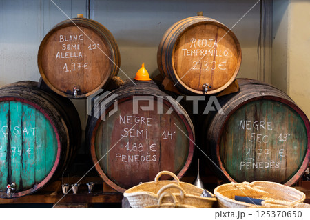 Oak barrels of wine in supermarket 125370650