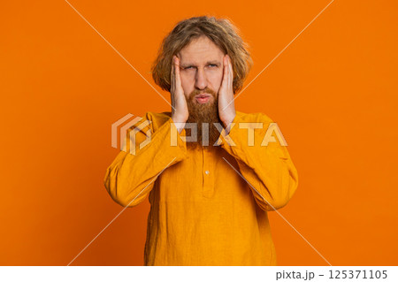 Caucasian man rubbing temples to cure headache problem suffering from tension migraine stress pain Caucasian man rubbing temples to cure headache problem suffering from tension migraine stress pain 125371105