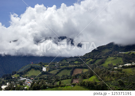 A panoramic view of a small town nestled on a mountain slope, Ecuador. 125371191