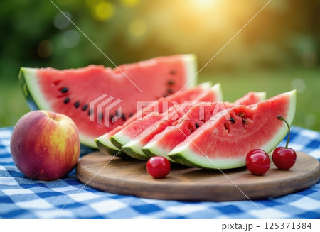 This photograph captures a vibrant summer scene featuring fresh fruits on a wooden cutting board. The image showcases slices of juicy watermelon, a whole red apple, and bright red cherries.  125371384