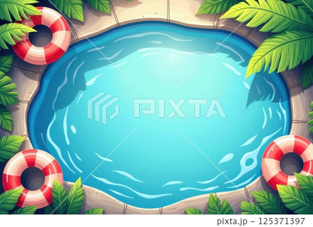 This illustration depicts a top-down view of a vibrant swimming pool surrounded by lush tropical vegetation. The pool has an organic. 125371397