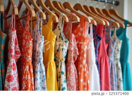 This image showcases a colorful array of summer dresses hanging on wooden hangers. The dresses feature various floral and botanical prints in vibrant hues including red, orange, yellow, pink, blue. 125371400