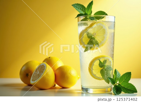 This image showcases a refreshing glass of lemonade garnished with fresh mint leaves and lemon slices. The tall glass is filled with a clear, bubbly liquid and ice cubes, with lemon slices. 125371402