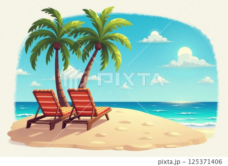 This illustration depicts a serene tropical beach scene. Two red-striped lounge chairs sit on a sandy shore beneath tall palm trees. The calm turquoise ocean stretches to the horizon. 125371406
