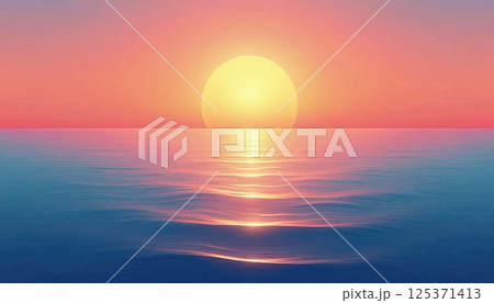 This illustration depicts a breathtaking sunset over a calm ocean. A large, vibrant yellow sun is setting on the horizon, casting a warm golden glow across the sky and water. This illustration depicts a breathtaking sunset over a calm ocean. A large, vibrant yellow sun is setting on the horizon, casting a warm golden glow across the sky and water. 125371413