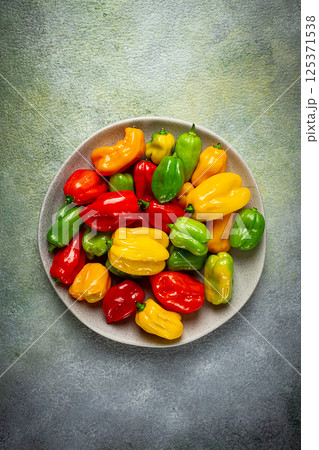 habanero pepper, color mix, raw, vegetable, top view, no people, 125371538