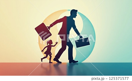 This illustration depicts the concept of work-life balance, focusing on the relationship between a working parent and their child. This illustration depicts the concept of work-life balance, focusing on the relationship between a working parent and their child. 125371577