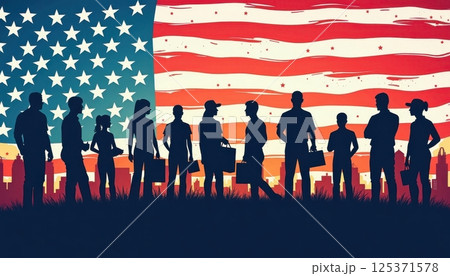 This illustration depicts a group of diverse American citizens standing in silhouette against a backdrop of the United States flag and a city skyline.  125371578
