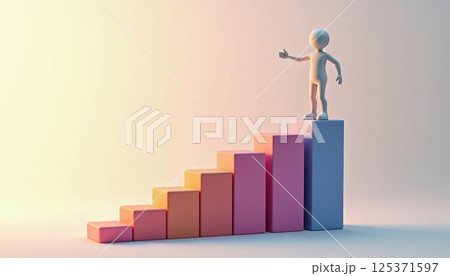 This image depicts a 3D rendered scene of a white humanoid figure standing atop a colorful ascending bar graph. The bars transition from warm orange tones to cool blue. 125371597