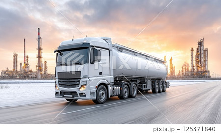 Oil Tanker Truck Driving Near Refinery in Winter Sunset 125371840