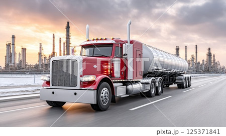 Red Oil Tanker Truck on Highway near Industrial Complex Red Oil Tanker Truck on Highway near Industrial Complex 125371841