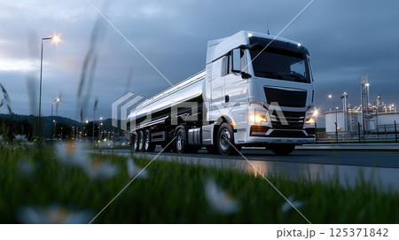 Oil Tanker Truck Driving at Night with Industrial Lights 125371842