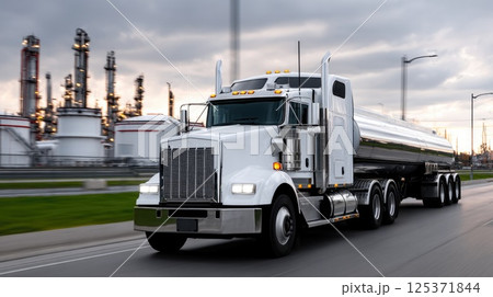 White Oil Tanker Truck Near Refinery with Dramatic Sky White Oil Tanker Truck Near Refinery with Dramatic Sky 125371844
