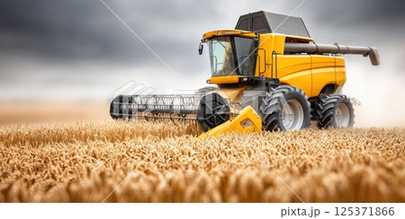 Yellow Combine Harvester Actively Harvesting Wheat Field Yellow Combine Harvester Actively Harvesting Wheat Field 125371866