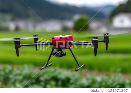 Red Drone Hovering Over Green Fields 125371897