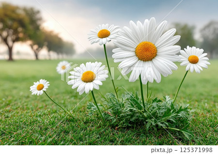 Daisy Flowers Blooming on Grass Field 125371998