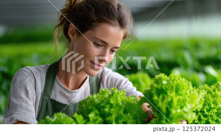 Female Farmer Inspecting Fresh Lettuce in Greenhouse 125372024