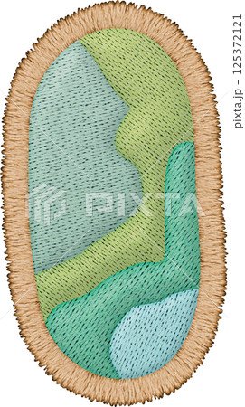 Beautiful patchwork embroidery letter uppercase I featuring landscape design with various shades of green and blue 125372121