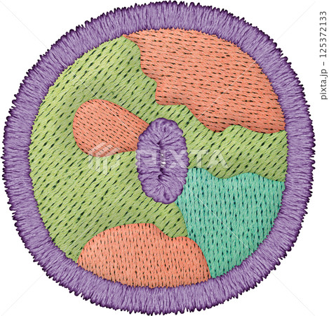 Colorful embroidery patch lowercase o featuring circular design with various shapes and textures 125372133