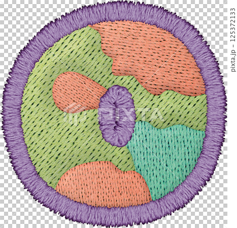 Colorful embroidery patch lowercase o featuring circular design with various shapes and textures 125372133