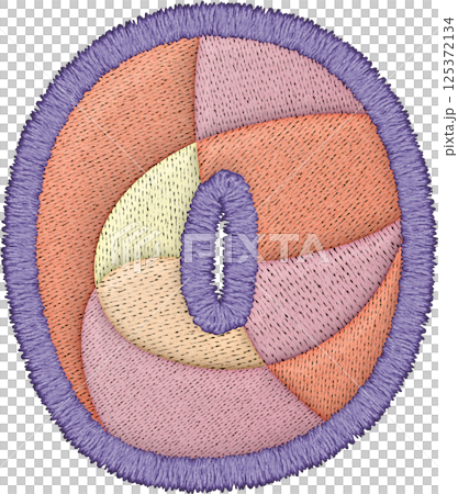 Beautiful embroidery showcases patchwork letter uppercase O design with vibrant colors and textures 125372134