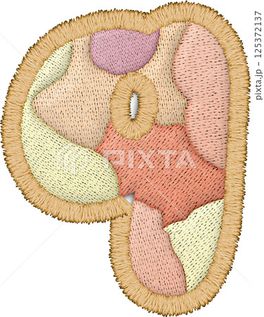 Textile art features patchwork letter lowercase q with embroidery 125372137