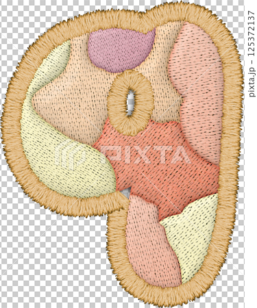 Textile art features patchwork letter lowercase q with embroidery 125372137