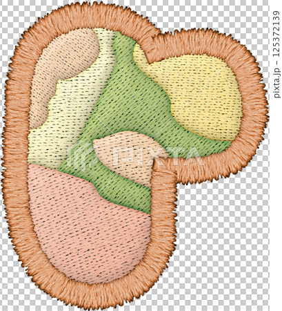 Embroidery features colorful patchwork lowercase r design with textile elements Embroidery features colorful patchwork lowercase r design with textile elements 125372139