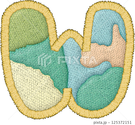 Beautiful alphabet patchwork letter uppercase W with embroidery in various textile colors 125372151