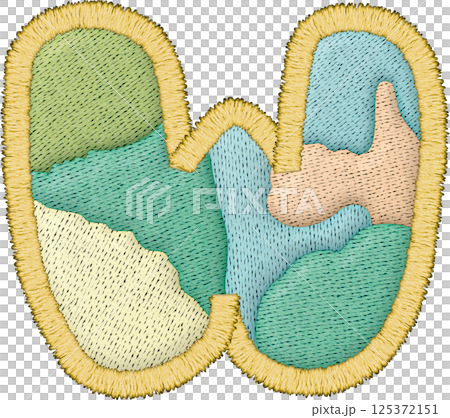 Beautiful alphabet patchwork letter uppercase W with embroidery in various textile colors 125372151