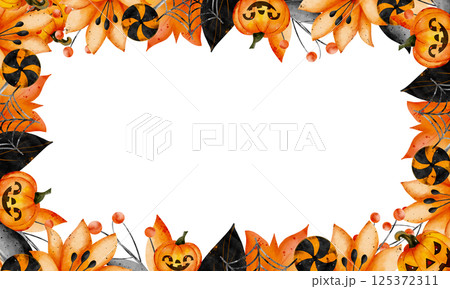 Watercolor rectangular frame for the holiday with space for text. For Halloween. With pumpkin, black leaves, orange lilies, cobwebs. Hand drawn in watercolor, white background Watercolor rectangular frame for the holiday with space for text. For Halloween. With pumpkin, black leaves, orange lilies, cobwebs. Hand drawn in watercolor, white background 125372311