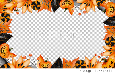 Watercolor rectangular frame for the holiday with space for text. For Halloween. With pumpkin, black leaves, orange lilies, cobwebs. Hand drawn in watercolor, white background Watercolor rectangular frame for the holiday with space for text. For Halloween. With pumpkin, black leaves, orange lilies, cobwebs. Hand drawn in watercolor, white background 125372311
